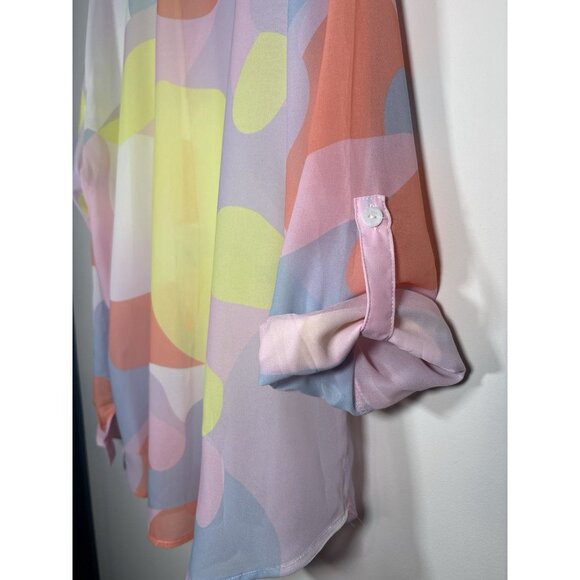 NEW Charlie B Sheer Chiffon Button-Down Top Y2K Colorful Abstract Artsy Boho XL - Picture 6 of 8